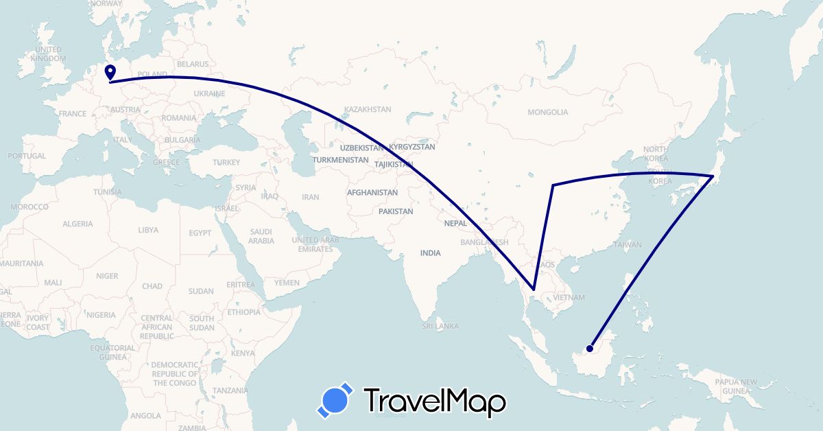 TravelMap itinerary: driving in China, Japan, Malaysia, Thailand (Asia)